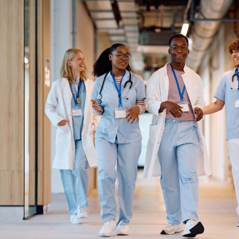 Multiracial,Group,Of,Happy,Medical,Students,Goin,On,A,Lecture